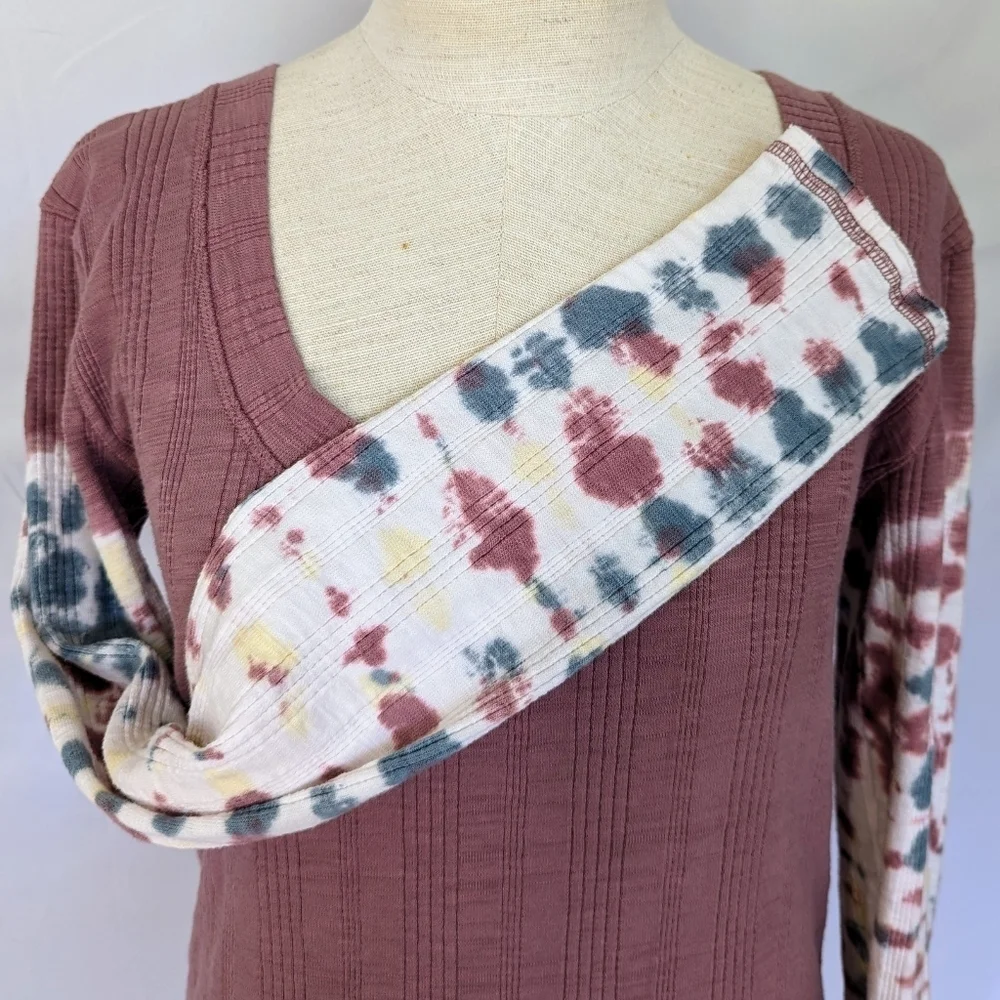 Free People Big Sur Top Long Tie Dyed Sleeves Scoop Neck Ribbed Knit Mauve L EUC